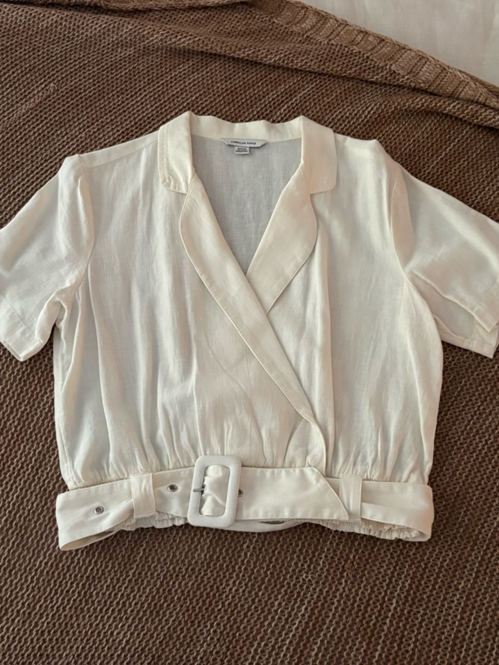 American Eagle Outfitters Cream Short Sleeve Wrap Blouse with Belt